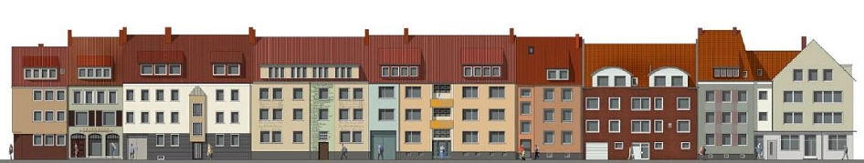 farbig gezeichnete Häuserreihe aus dem Michaelisviertel, zeigt die vielfältigen Fassaden der Häuser © Stadt Hildesheim