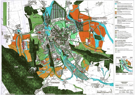 Stadtkarte von Hildesheim in der die unterschiedlichen Flächen der Landwirtschaft, Forstwirtschaft, Wasserwirtschaft, Siedlungsflächen, Industrie, Gewerbe und Erholung eingezeichnet sind. Ebenfalls dargestellt sind zu erhaltene und entwickelnde Grünverbin