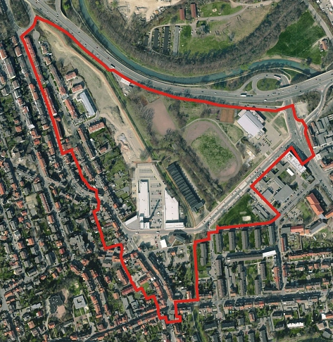 Luftbild mit Abgrenzung des Fördergebietes&nbsp;&copy;&nbsp;Stadt Hildesheim