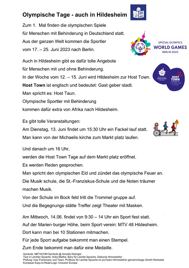 Programm der Special Olympics Host Town Tage in Leichter Sprache © Stadt Hildesheim