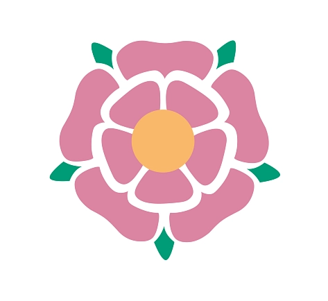 pinkfarbende Blume mit gelben Stempel und 5 kleinen grünen Blättern auf weißem Hintergrund