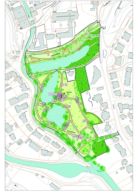 Plan in dem alles Bankstandorte des Ernst-Ehrlicher-Parks durchnummeriert sind&nbsp;&copy;&nbsp;Stadt Hildesheim