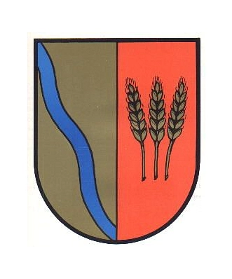zweiteiliges Wappen mit stilisiertem Fluss auf goldenem Hintergrund und Ehren auf rotem Hintergrund © Stadt Hildesheim