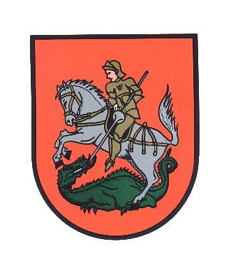 Ritter springt mit Schimmel auf am Boden liegenden grünen Drachen auf rotem Hintergrund&nbsp;&copy;&nbsp;Stadt Hildesheim