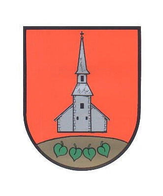 Wappen mit Kirche auf rotem Hintergrund, unterhalb der Kirche 4 grüne Blätter auf braunem Hintergrund